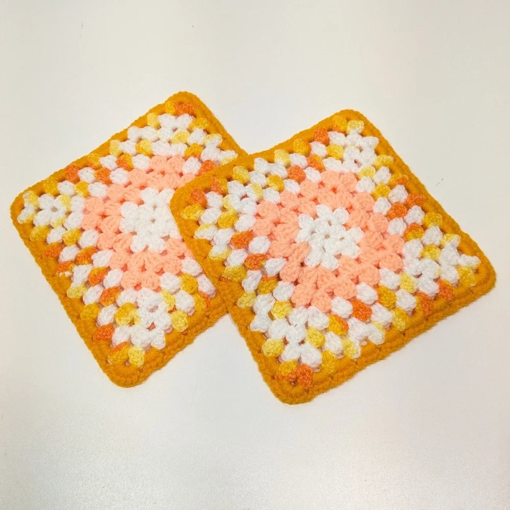 Retro Crochet Granny Square Potholders Set 2 Orange Peach 70s Kitchen Hot Pads